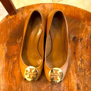 Women’s Open Toed Wedges, Tan, Gold Decorative Buckles, Scuffs on Soles of shoes